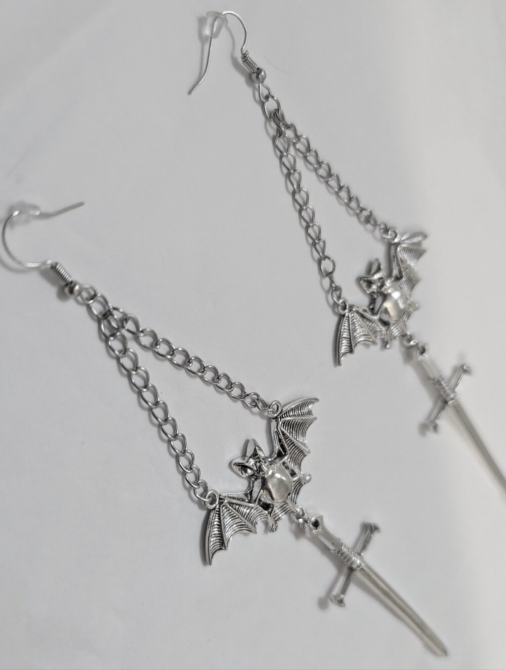 NWT Extra Long Handmade Silver Bat Chain and Sword Earrings - Picture 2 of 8